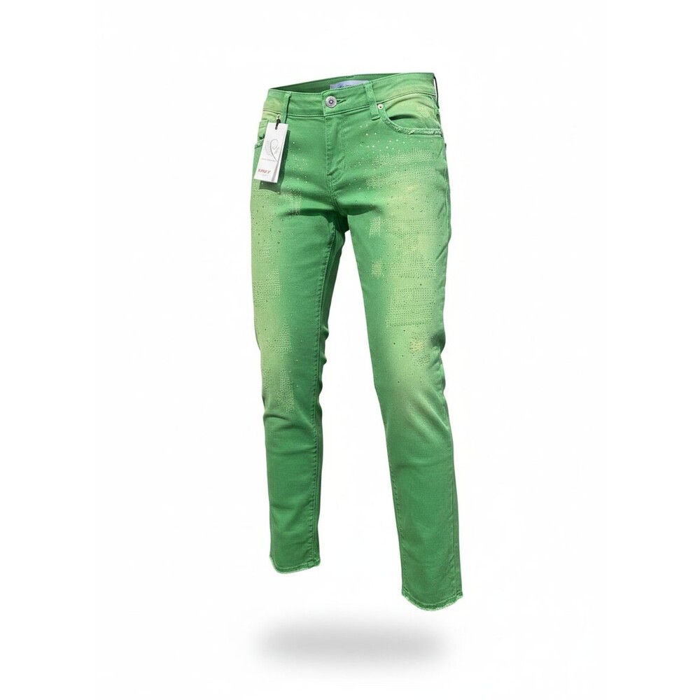 Met In Jeans Italy Women's Green Skinny Jeans With Rhinestone Accents & Distress
